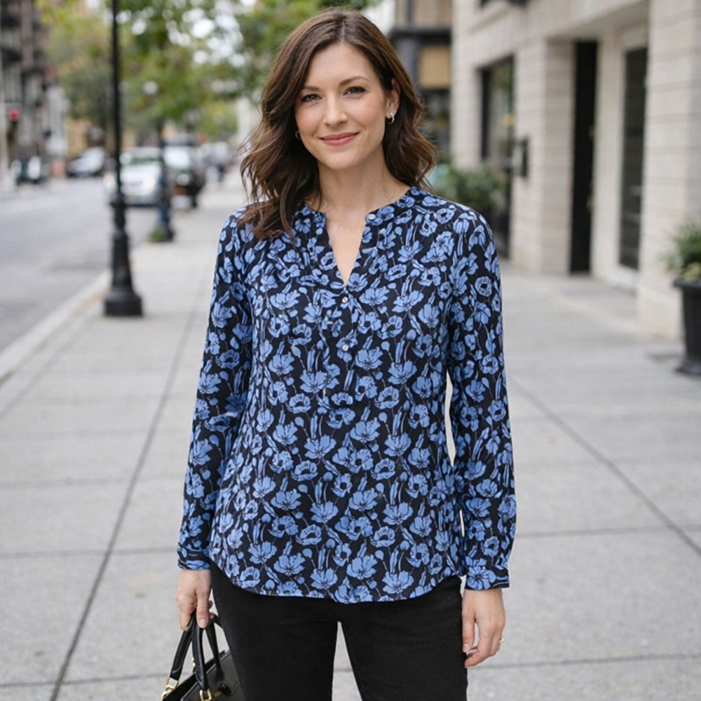 Olsen Floral Pinstripe Half Button Blouse 100% Viscose Blue Black Lightweight